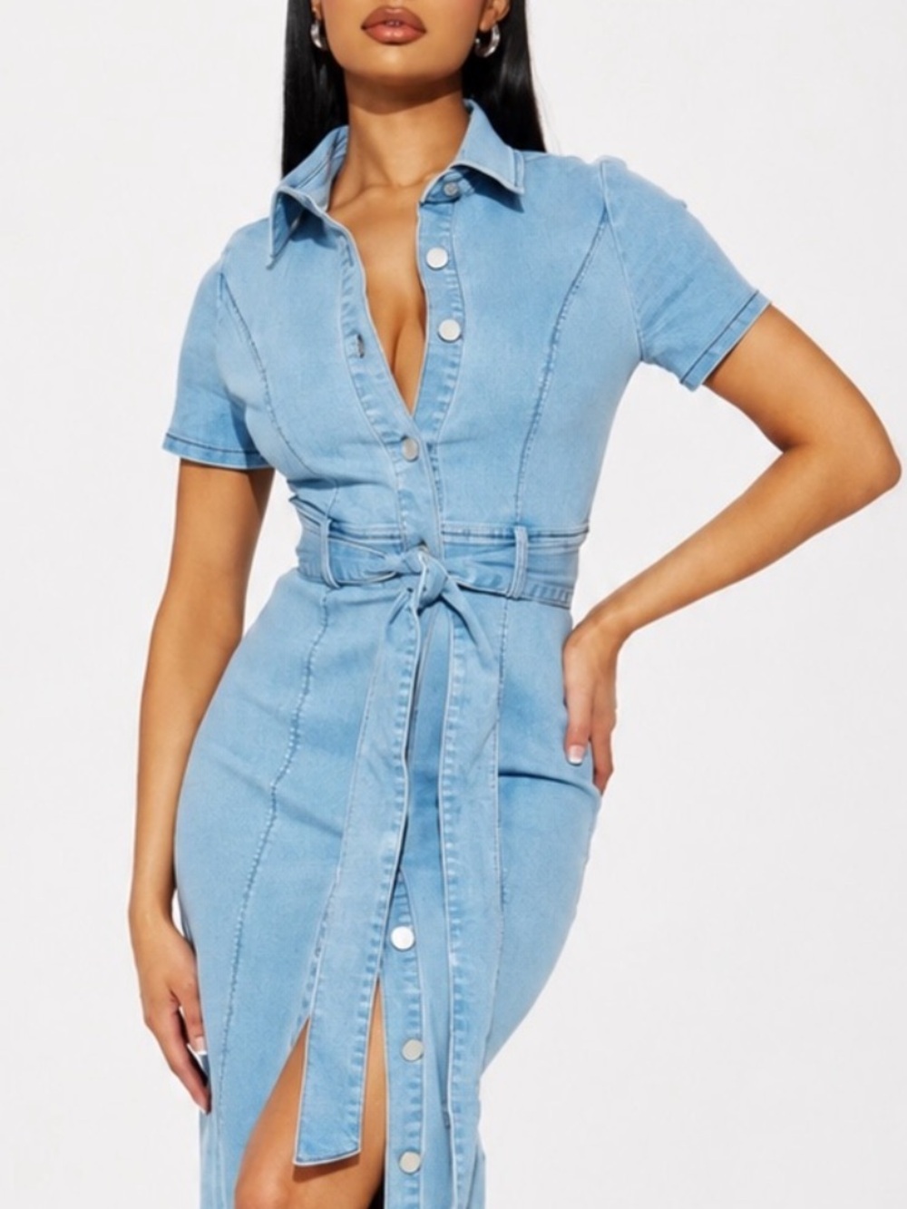 FASHION NOVA Washed Denim Vintage Inspired Fitted Maxi Dress Tie Waist Slit Sz S